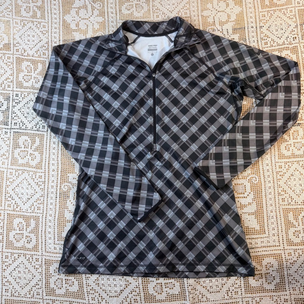 Nike Pro Dri-FIT Womens Large Black Grey Plaid Quarter Zip Long Sleeve Top